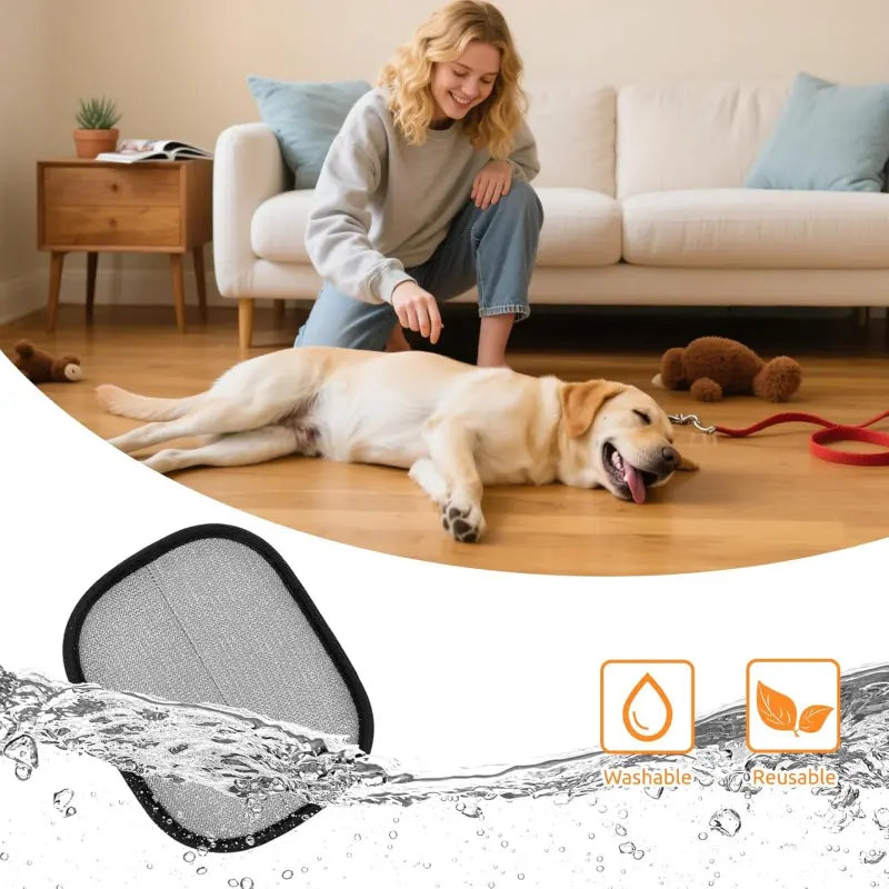 Glove pad rinsed under water next to a dog and owner relaxing on the floor