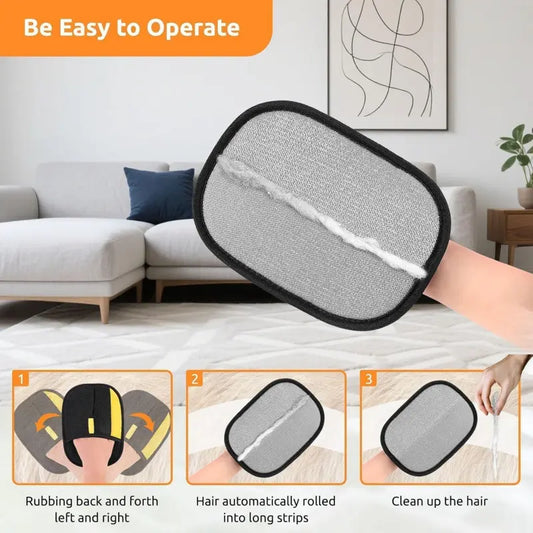 Pet hair removal glove being wiped across a sofa, with three steps: wipe back and forth, hair gathers into a strip, peel it off